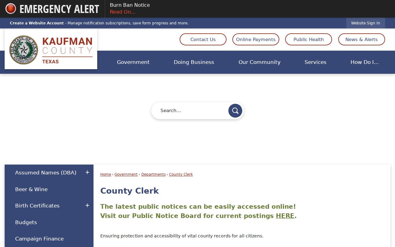 Kaufman County warrant search reference, County Clerk court division contact