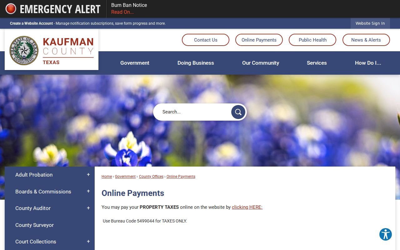 Kaufman County online payment page showing justice court precinct routes