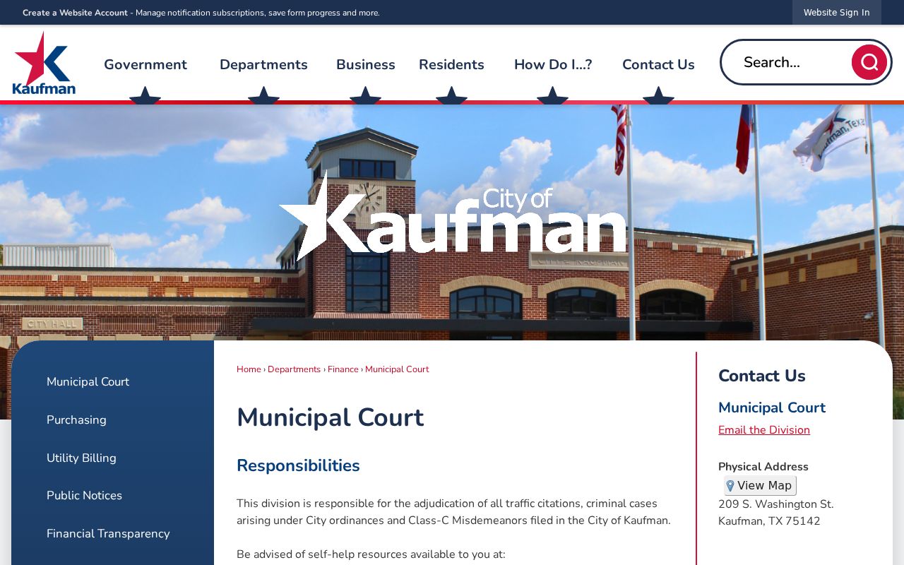 Kaufman city Municipal Court page with clerk contact details