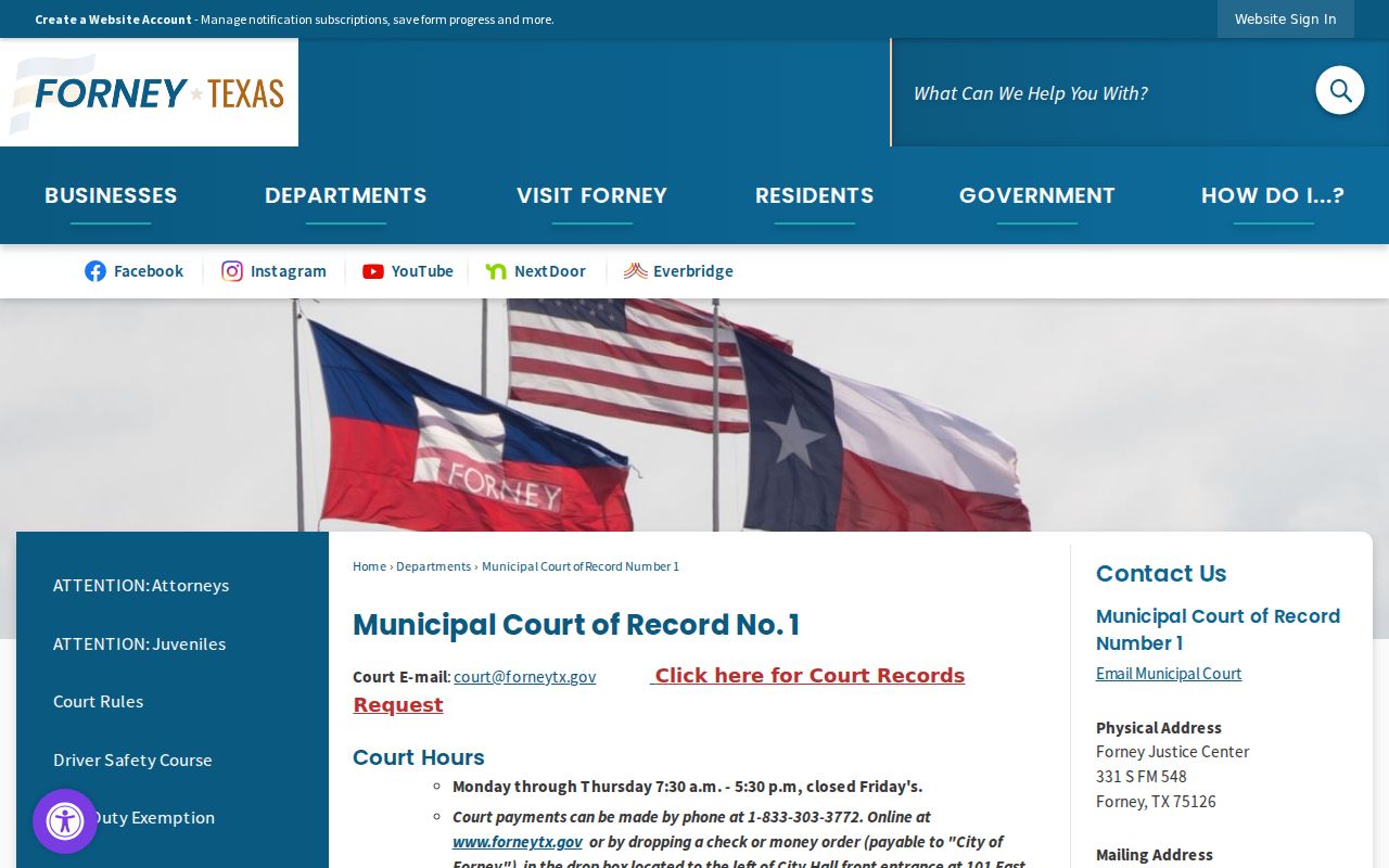 Forney Municipal Court of Record No. 1 hours and contact information