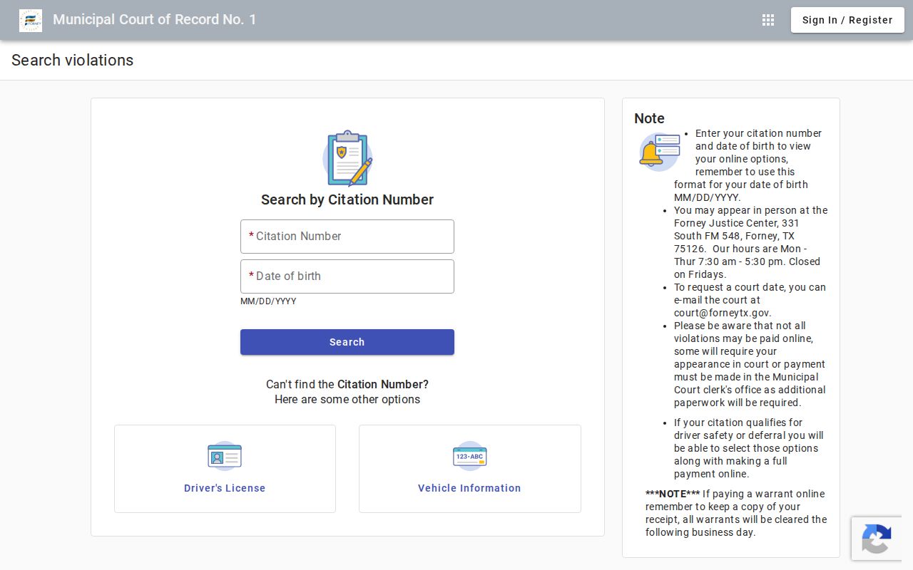 Kaufman County warrant search reference, Forney citation search fields