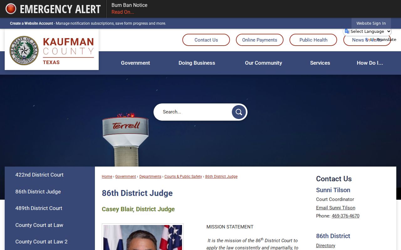 Kaufman County 86th District Court coordinator and contact page