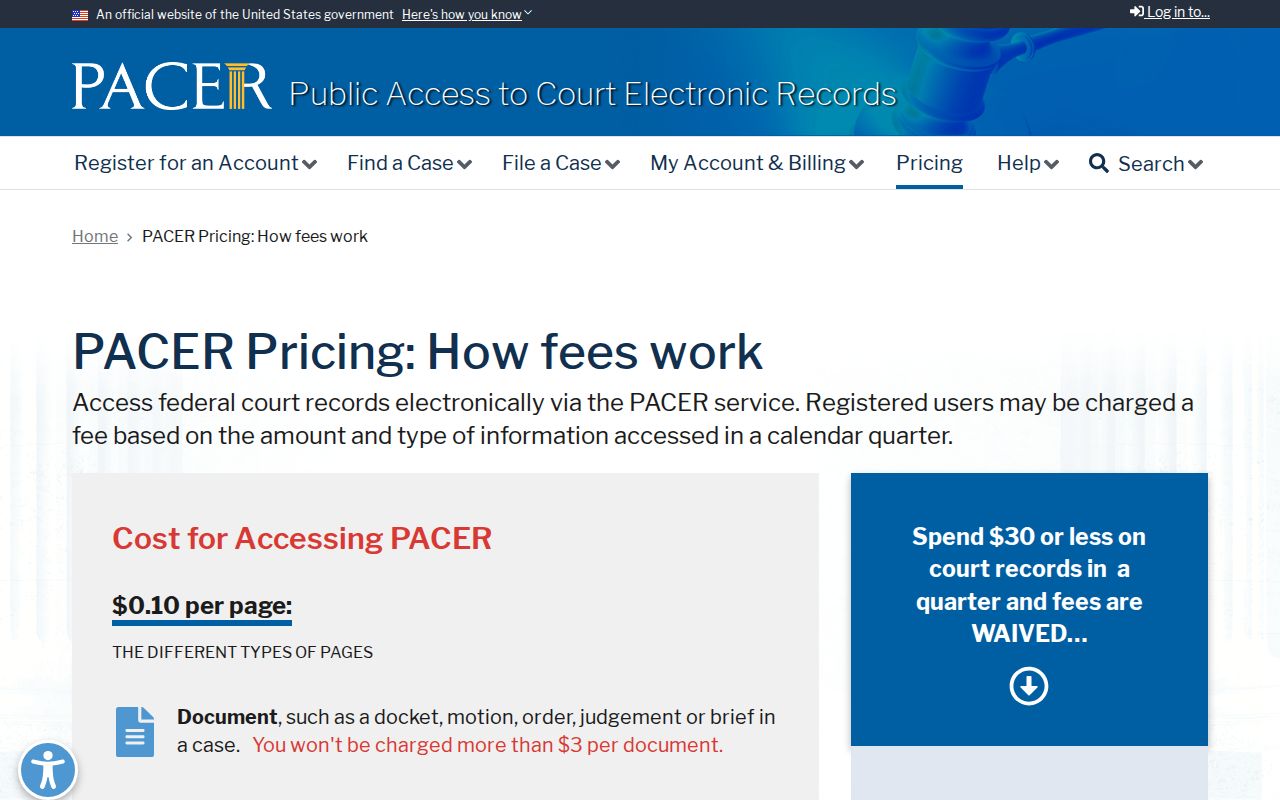 PACER federal docket access and pricing information