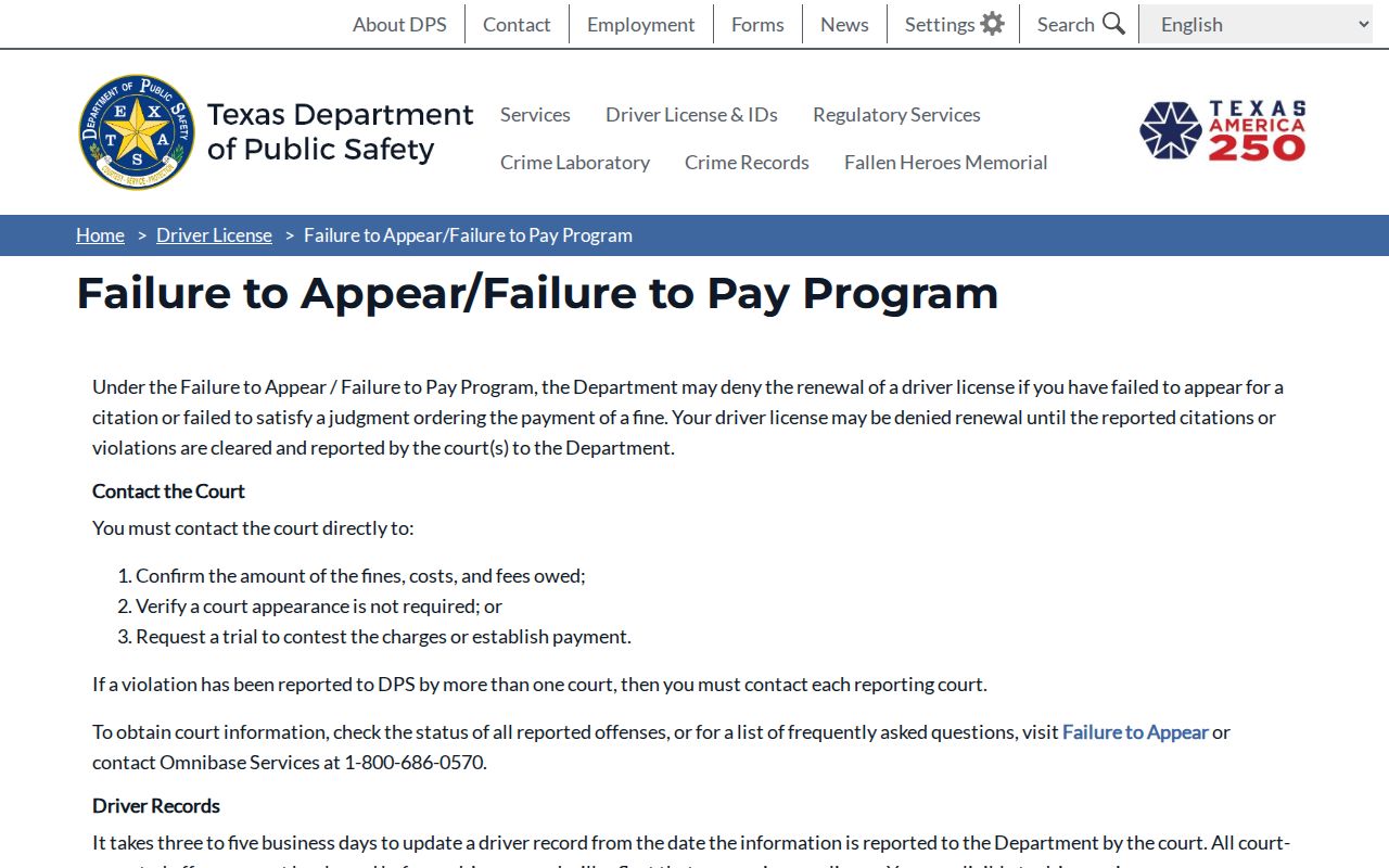 Texas DPS Failure to Appear and Failure to Pay program information