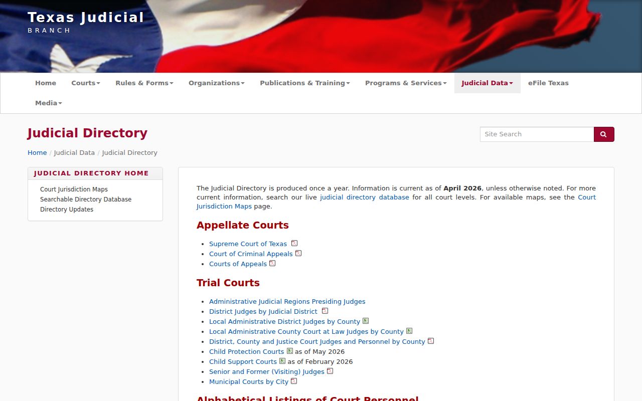 Texas Judicial Directory listing court levels and contacts