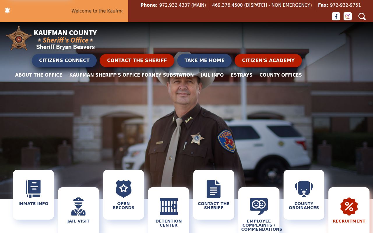 Kaufman County Sheriff's Office official website and public contact navigation
